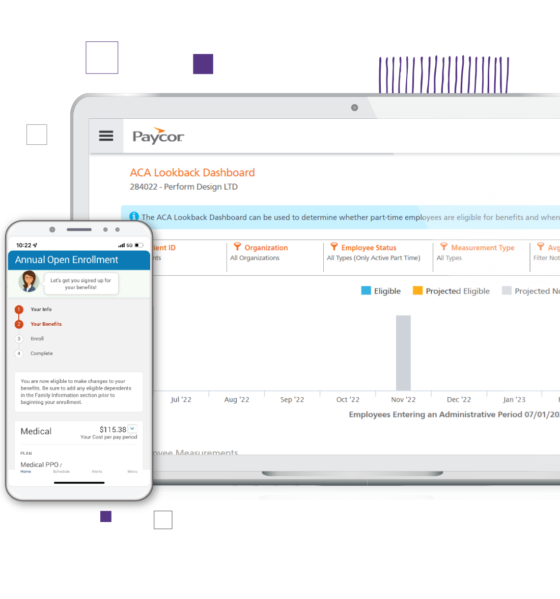 Paycor's interface on laptop and phone screen