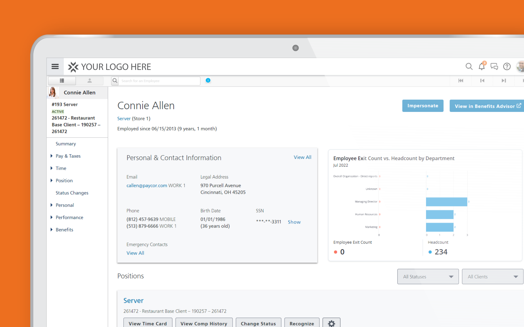Paycor HR product example with field for a company's logo