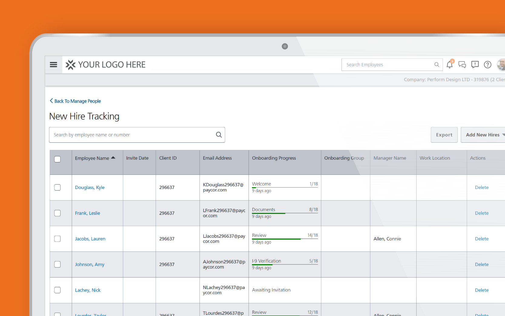 Paycor onboarding product example with field for a company's logo