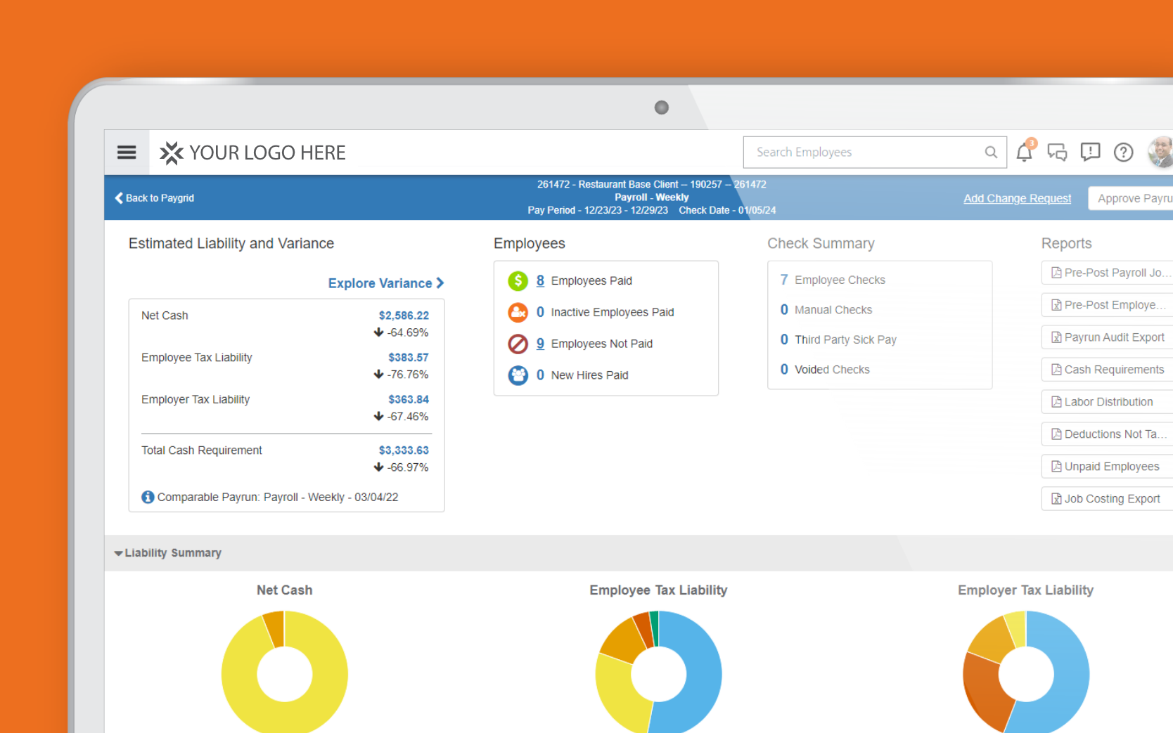 Paycor payroll product example with field for a company's logo