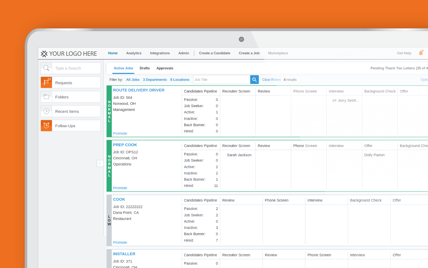Paycor recruitment product example with field for a company's logo