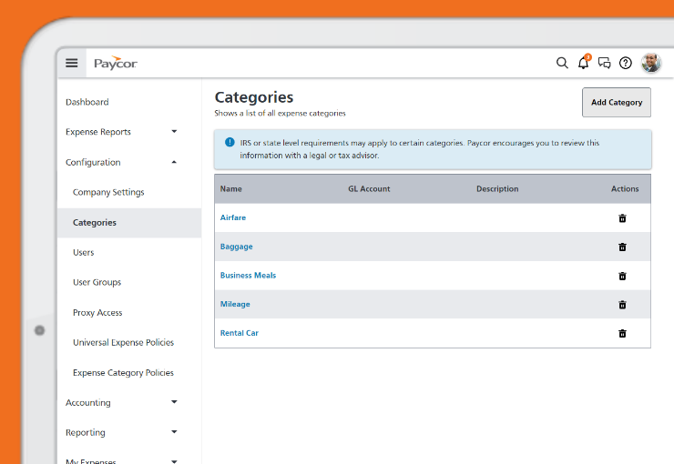 Paycor expense management flexible categories