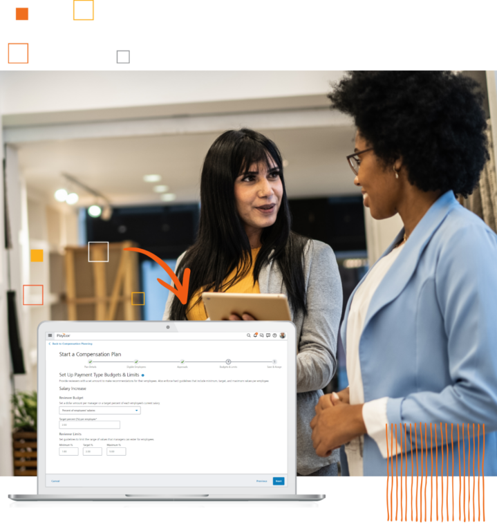 Paycor's Compensation Planning product example and two smiling women in office