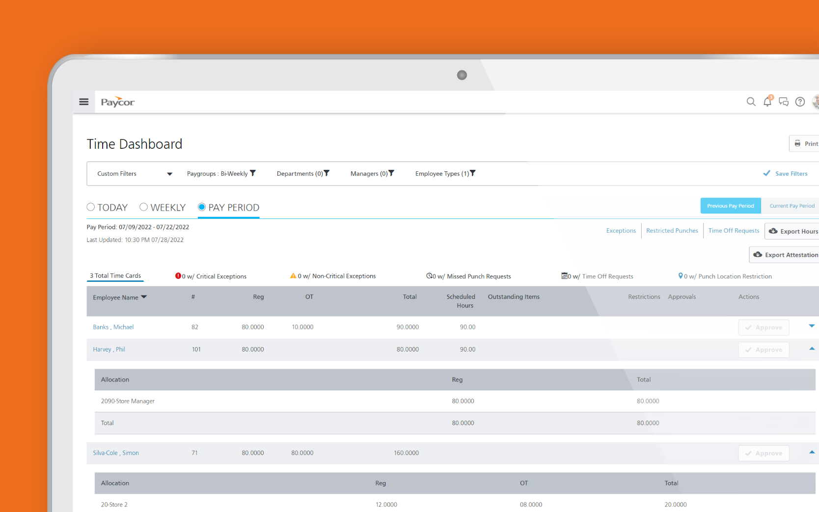 Paycor time dashboard feature screenshot